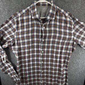 Eleventy Linen Extra Slim Long Sleeve Button Up Shirt Plaid Brown Blue XL Woven
